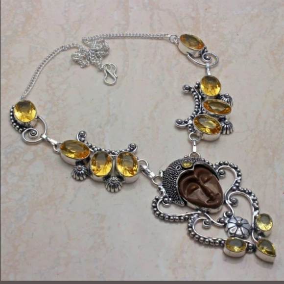 New Carved Brown Goddess Face Citrine 925 Silver Necklace. - Picture 1 of 1